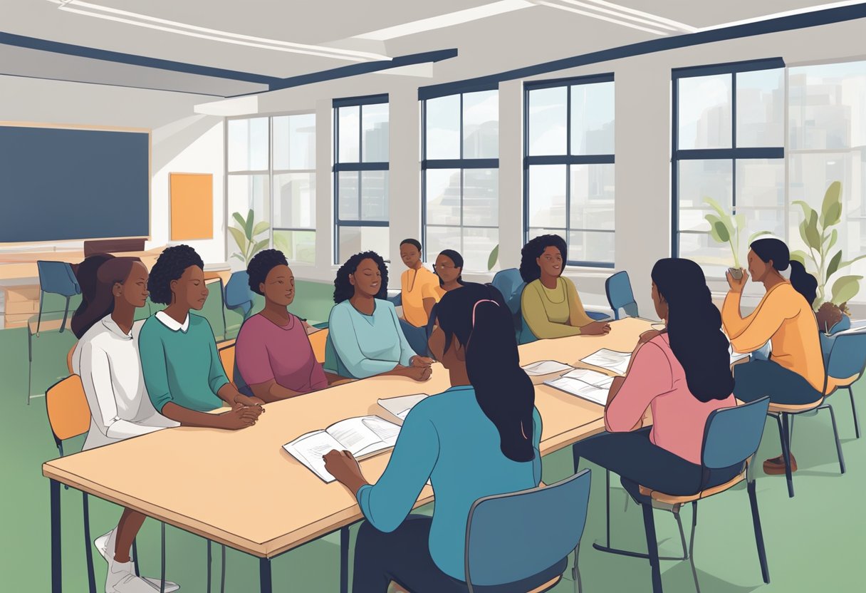 A classroom setting with students engaging in group discussions and hands-on activities related to professional development and community engagement doula training