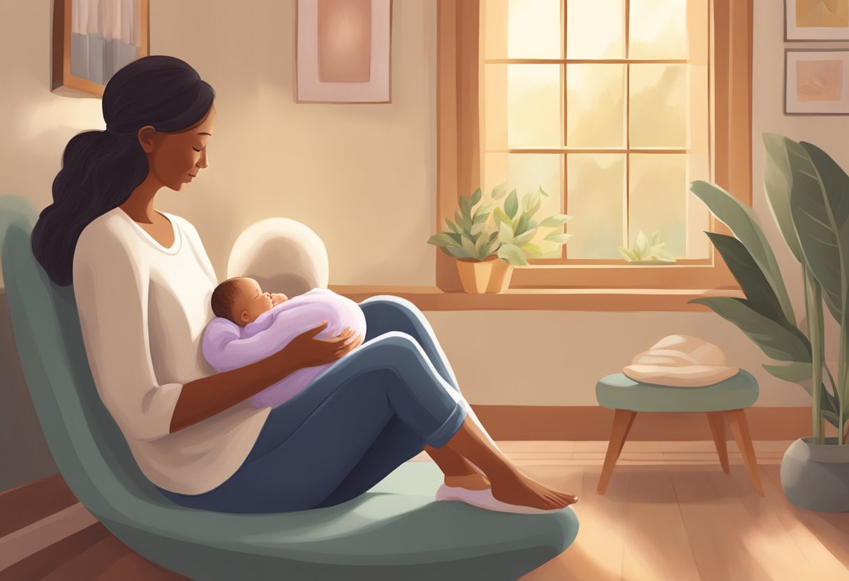 A postpartum doula sits with a new mother, offering support and guidance. A warm, nurturing environment is depicted, with soft lighting and comforting surroundings