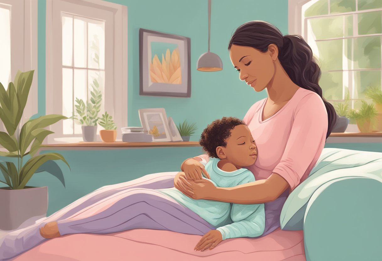 A postpartum doula comforting a new mother, offering guidance and support in a cozy and nurturing environment