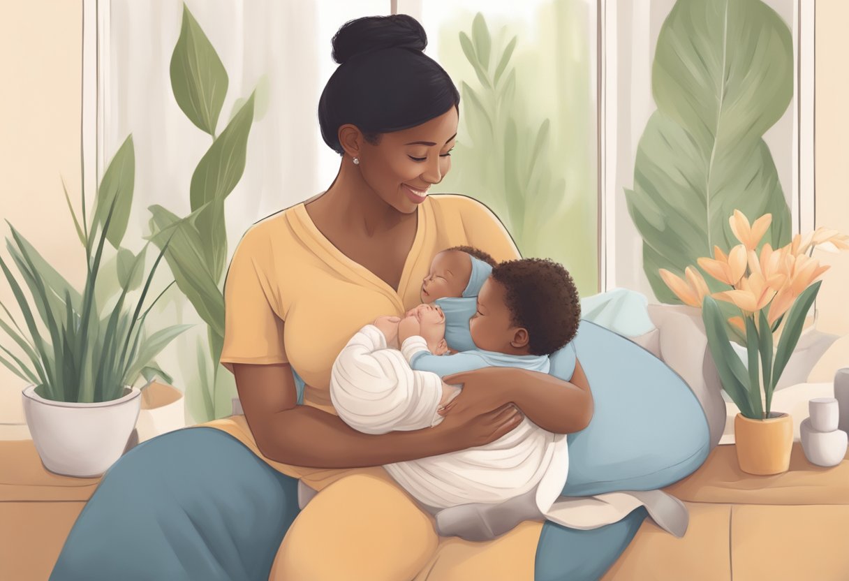 A postpartum doula leading a new mother through a series of educational and supportive activities, such as breastfeeding, baby care, and emotional wellness