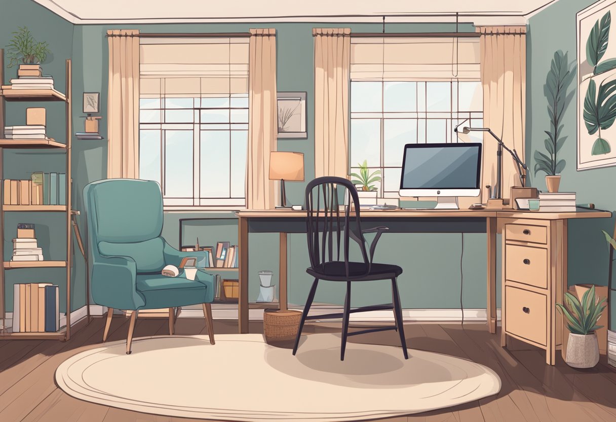 A cozy home office with a desk, computer, and comfortable seating. A bookshelf filled with resources on postpartum care and a calendar with important dates