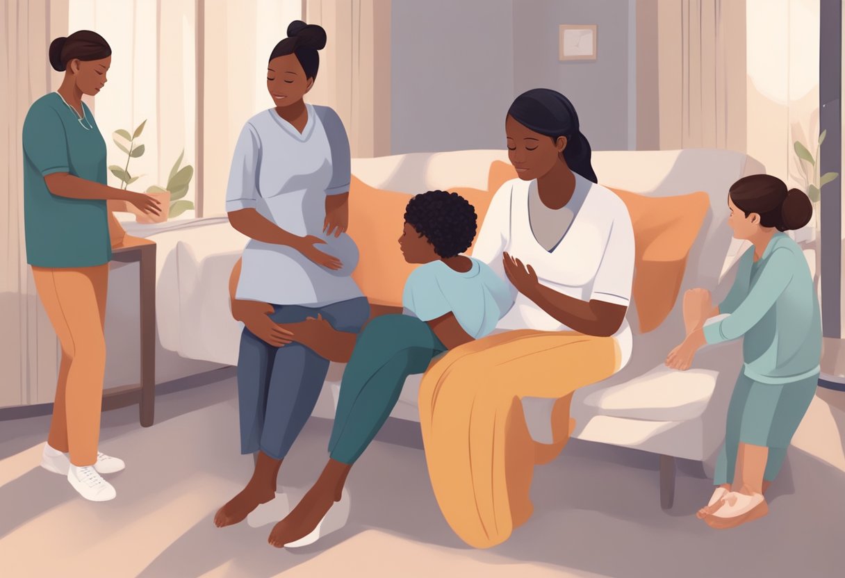 A doula comforting a family during labor, providing emotional support and guidance