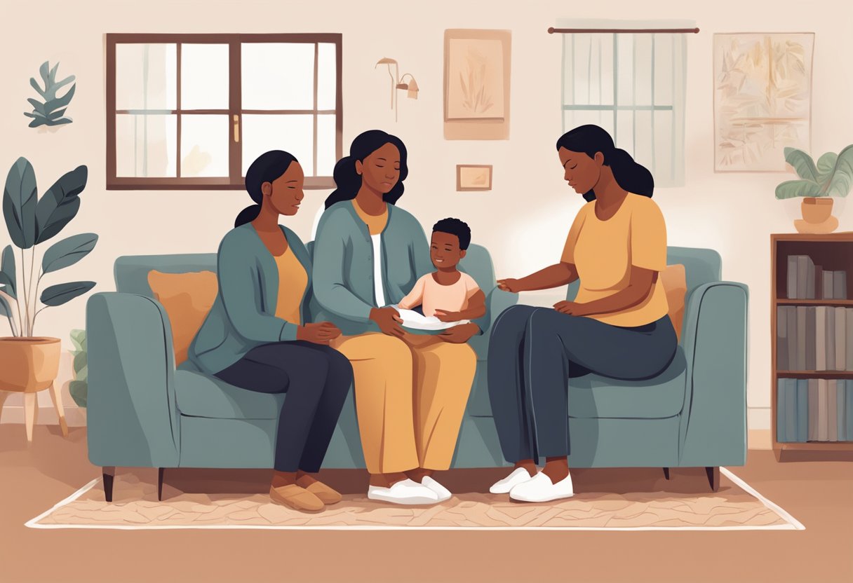 A doula sitting with a family, providing emotional support and guidance during a transitional period