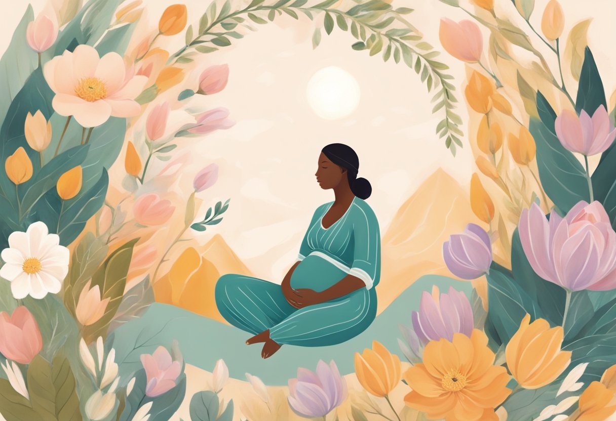 A serene doula supports a pregnant woman, surrounded by comforting symbols of birth and transition - a blooming flower, a gentle breeze, and a warm, inviting space