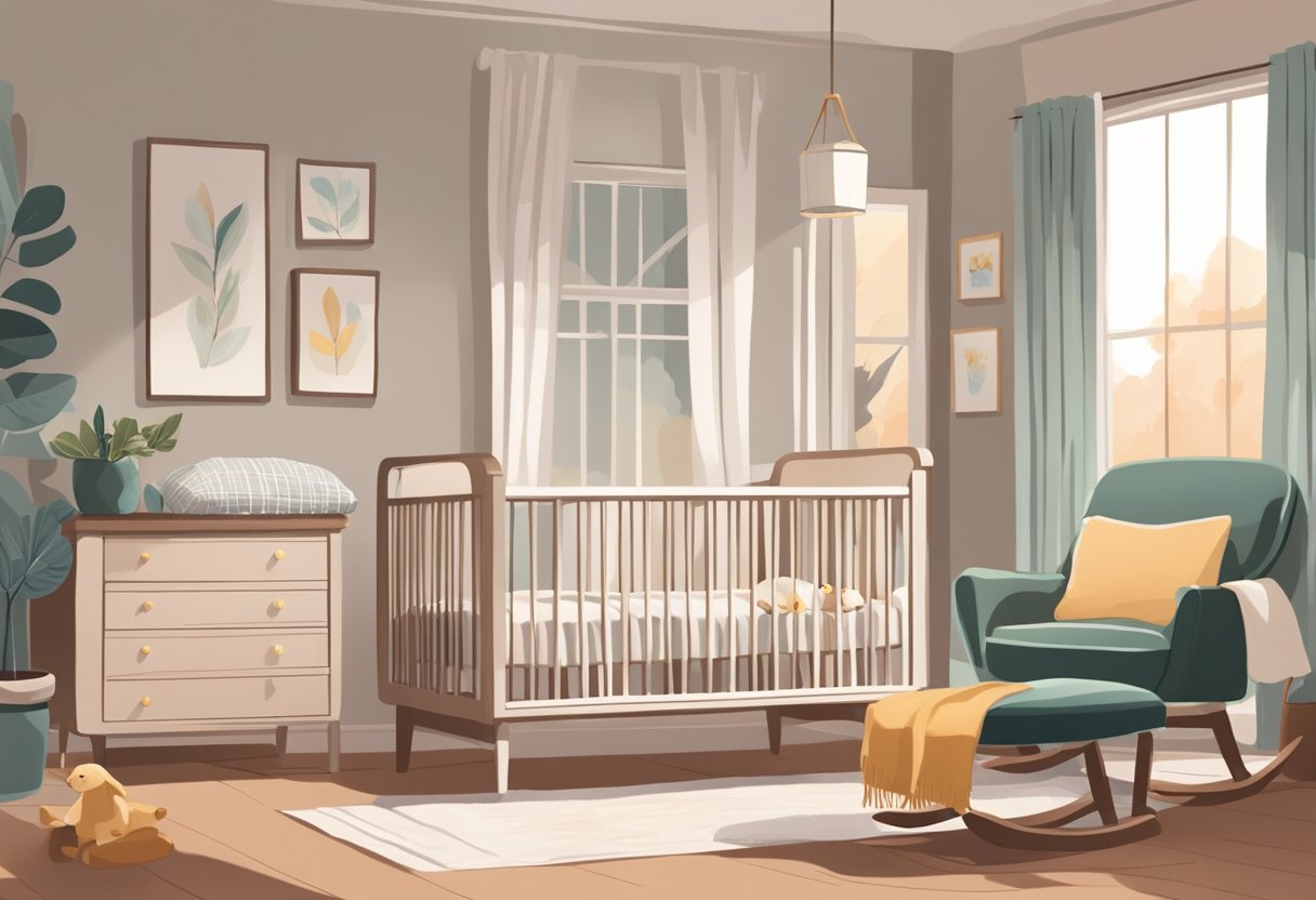 A cozy living room with soft lighting, a comfortable rocking chair, and a crib. A postpartum doula gently supports a new family as they navigate the transition to parenthood