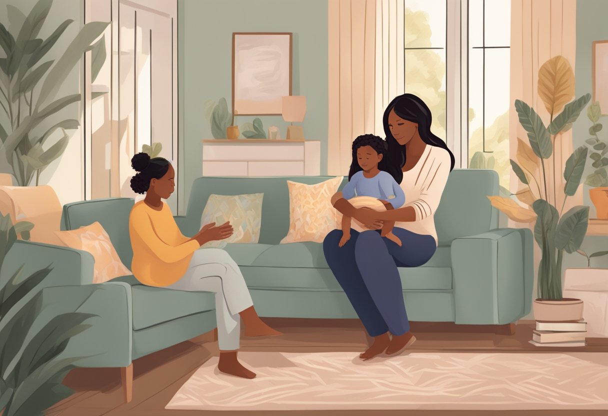 A doula providing emotional support to a family during a transition, offering guidance and comfort in a warm and nurturing environment