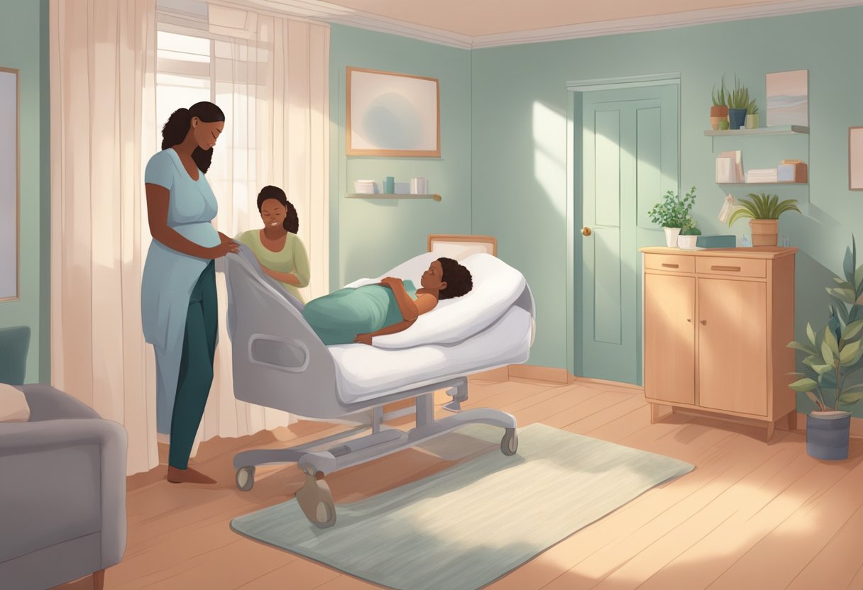 A serene birthing room with a doula supporting a laboring mother, offering comfort and guidance during childbirth