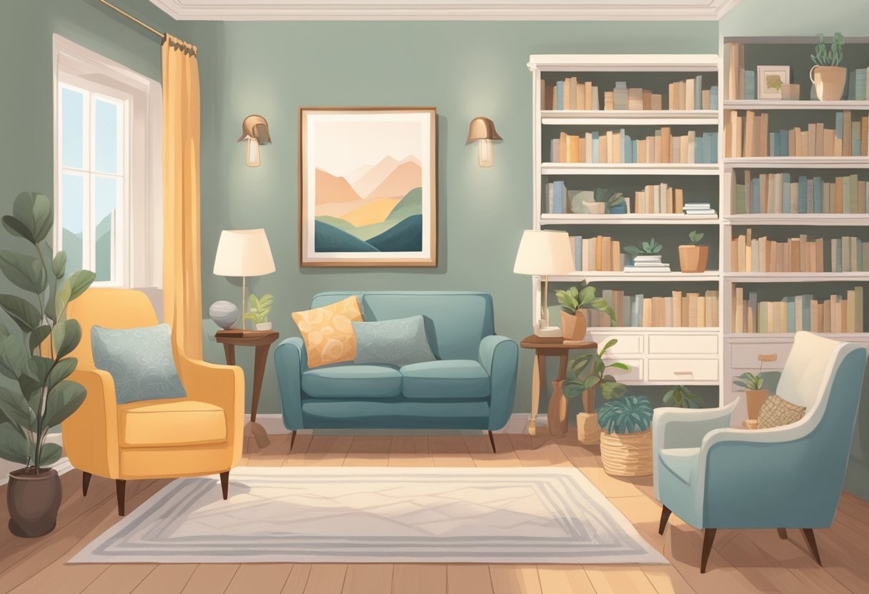 A serene, cozy room with soft lighting and comfortable seating, adorned with calming decor and soothing colors. A bookshelf filled with resources on pregnancy and childbirth, and a warm, inviting atmosphere