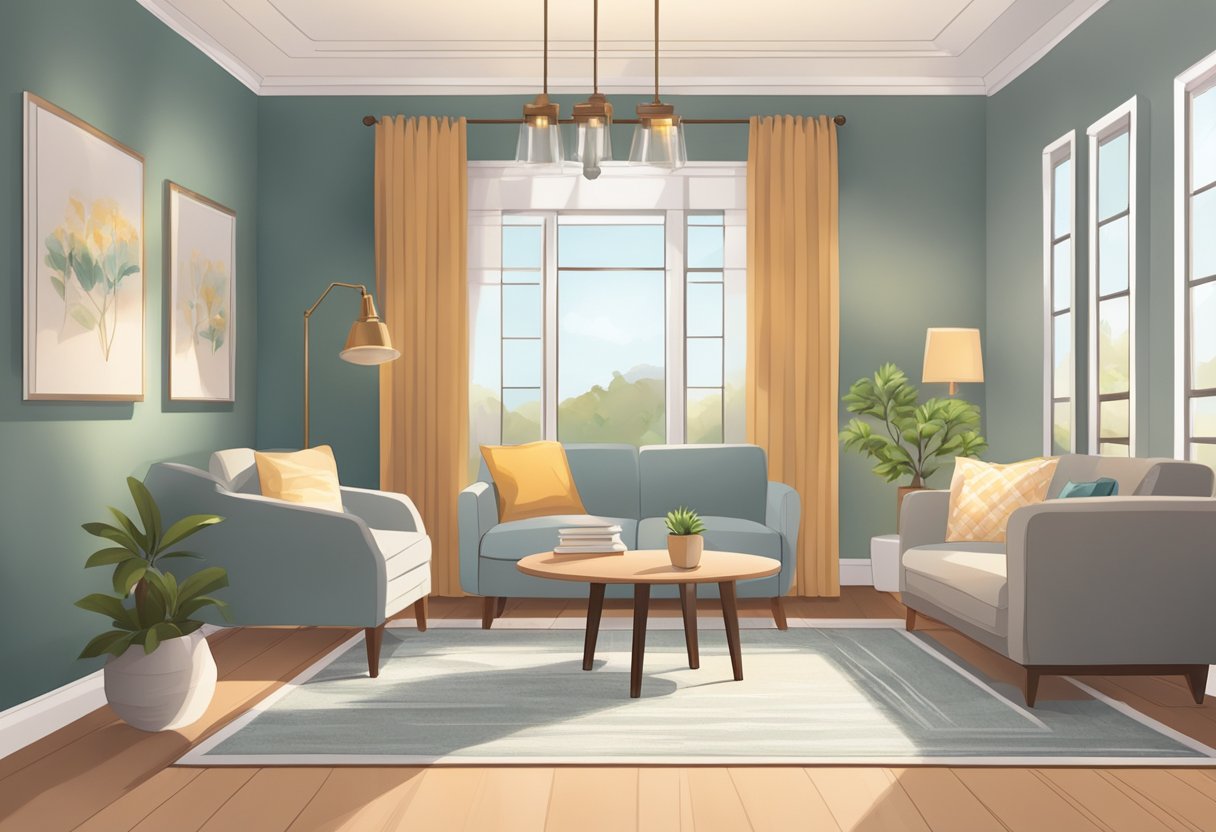 A serene and cozy room with soft lighting, comfortable seating, and soothing decor. A table with informational materials and a warm, welcoming atmosphere