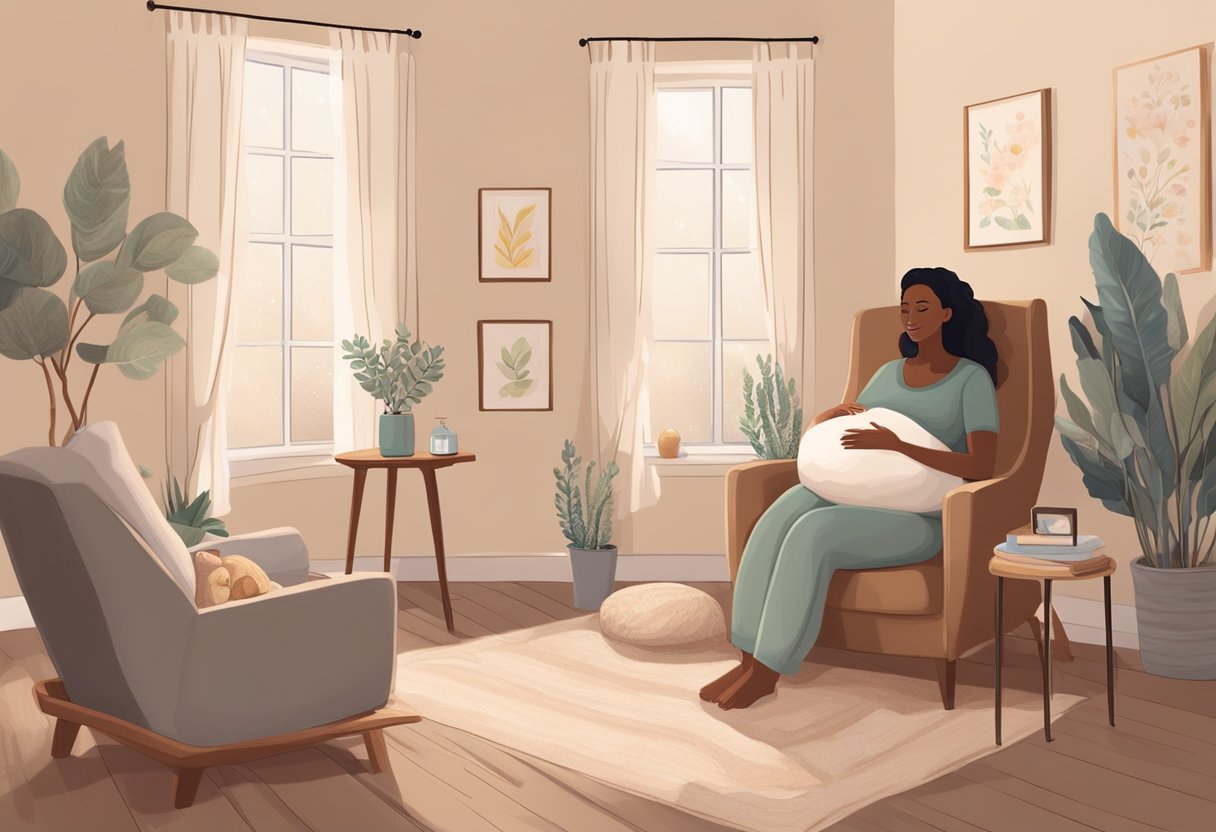 A cozy, dimly lit room with a comfortable birthing chair, soft pillows, and calming decor. A doula sits nearby, offering support and guidance to the expectant mother