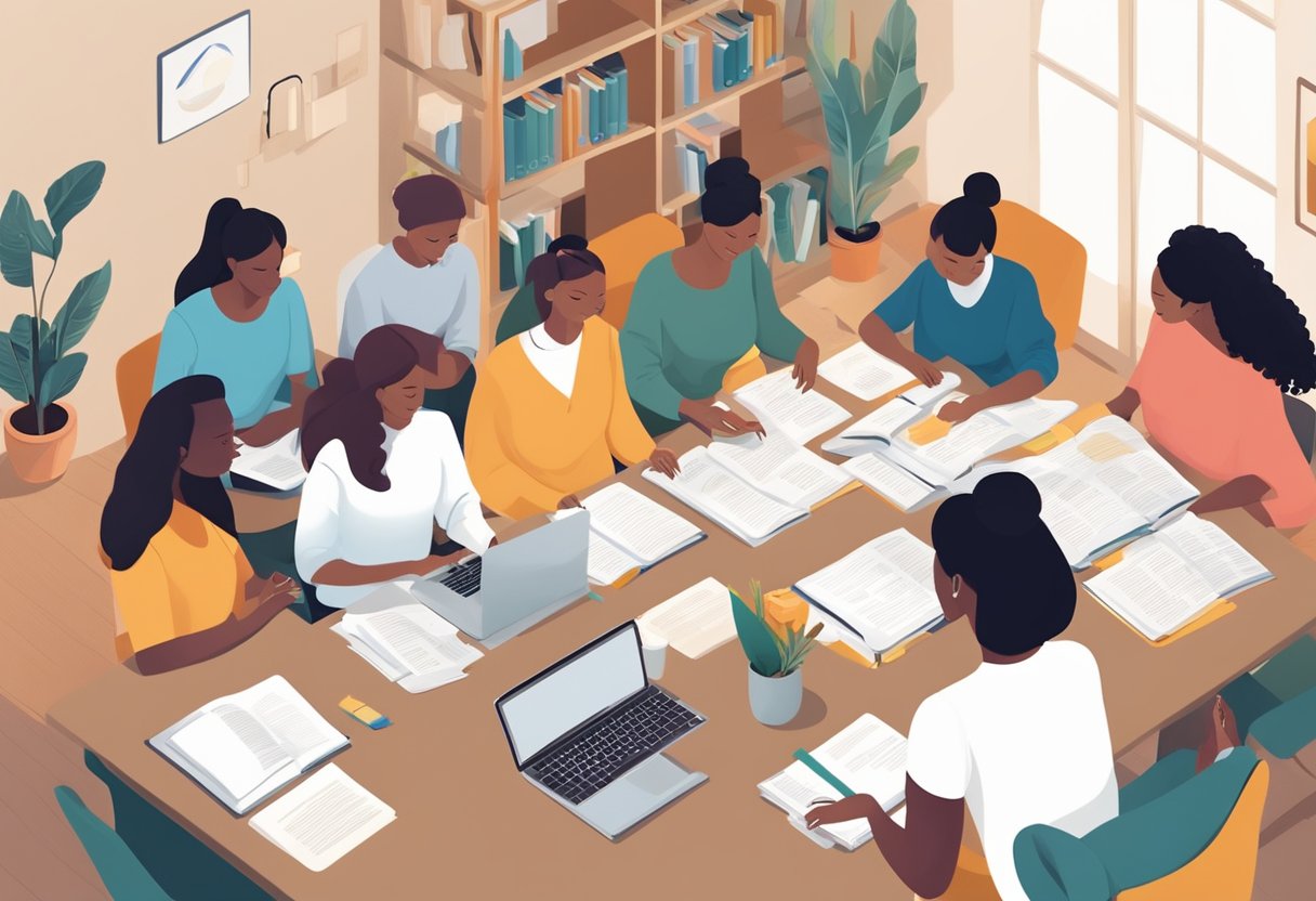 A group of doulas studying together, surrounded by books and notes. A certificate and diploma on the wall. A laptop open to a certification website