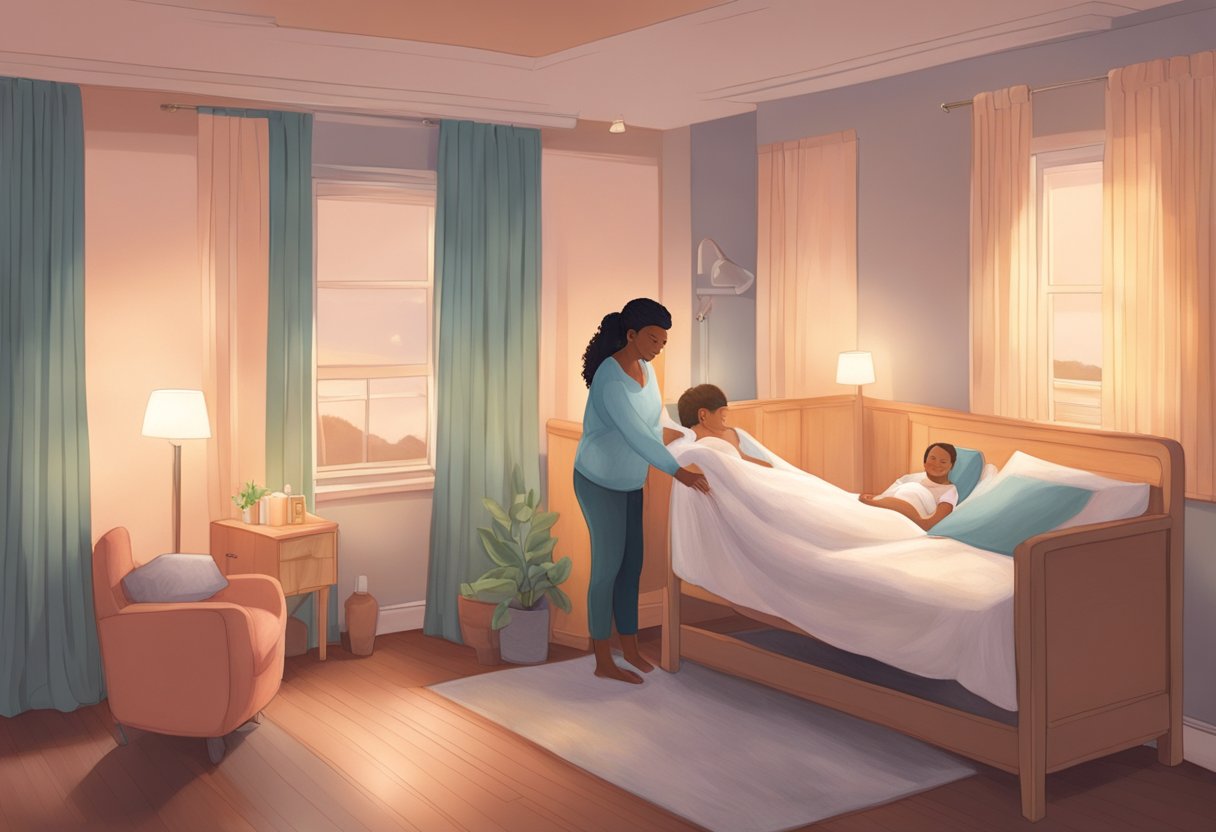 A serene birthing room with a comfortable bed, soft lighting, and a supportive doula guiding a laboring mother through contractions