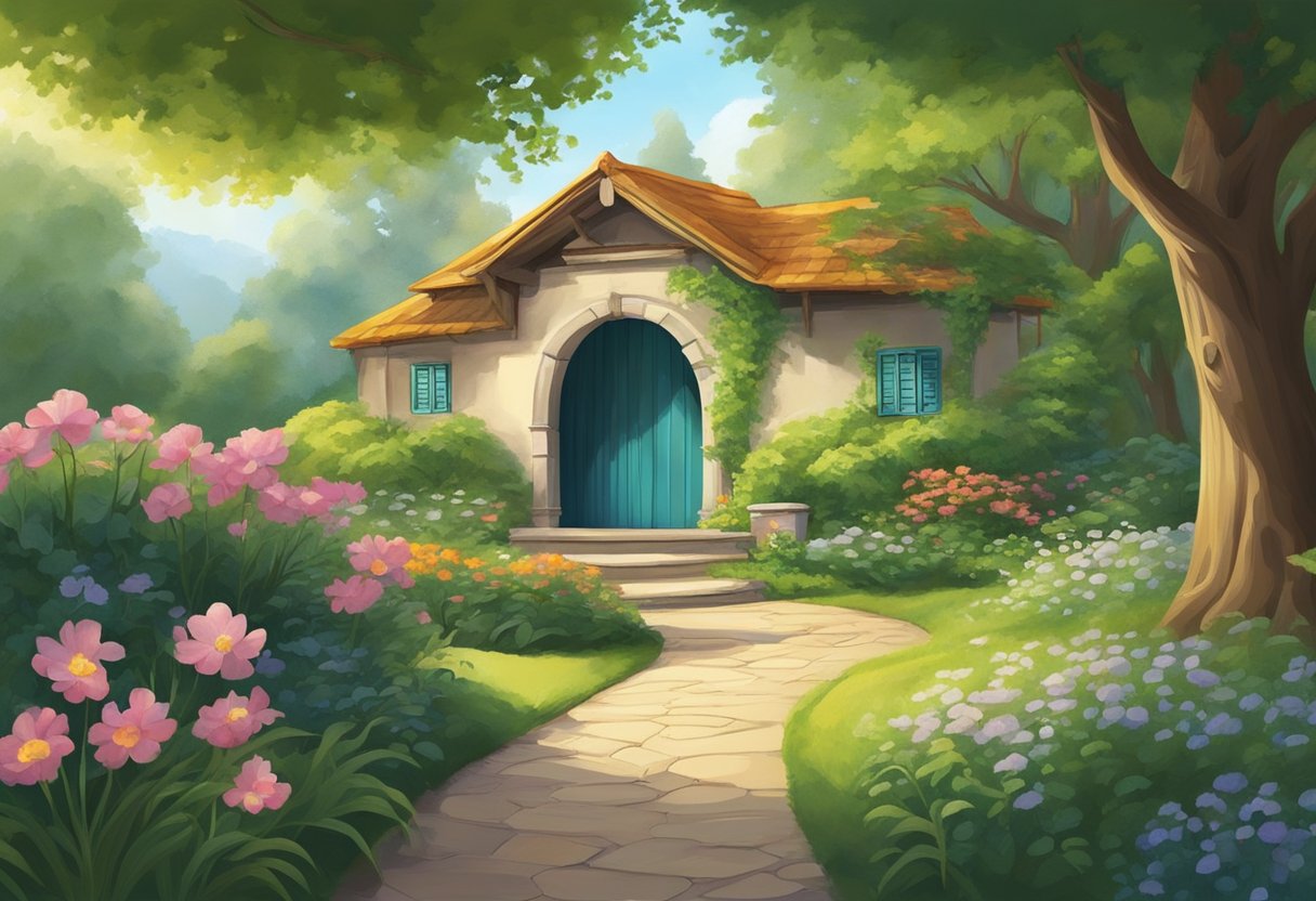 A serene, winding path through a lush garden, leading to a glowing, open doorway. A sense of warmth and welcoming emanates from the entrance