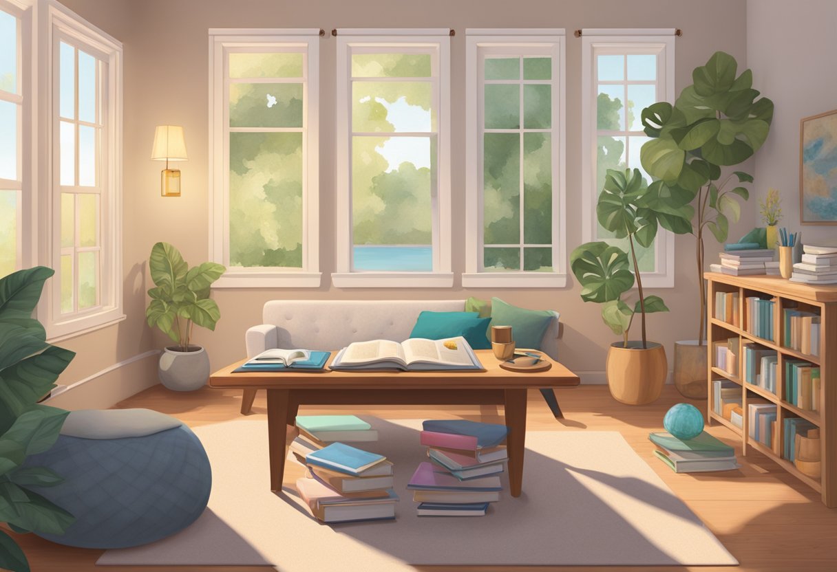 A serene setting with a cozy room featuring a table with various doula training and certification materials, including books, manuals, and educational resources