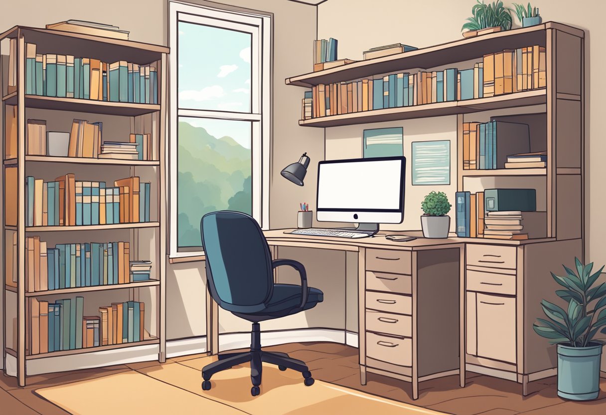 A cozy office space with a desk, computer, and bookshelves filled with doula training and certification materials. A comfortable chair for studying and a warm, inviting atmosphere