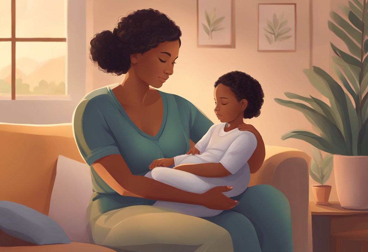 A doula sits beside a mother, offering support and guidance. A warm and nurturing atmosphere surrounds them, with soft lighting and comforting surroundings