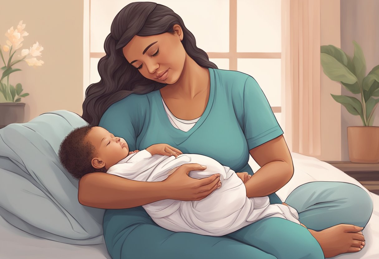 A birth and postpartum doula comforting a new mother, offering support and guidance during labor and in the early days of motherhood