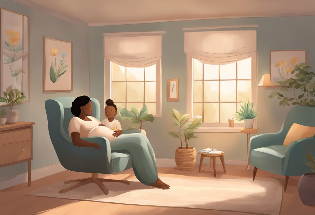 A serene birthing room with a comfortable chair, soft lighting, and calming decor. A doula sits beside a laboring mother, offering support and encouragement