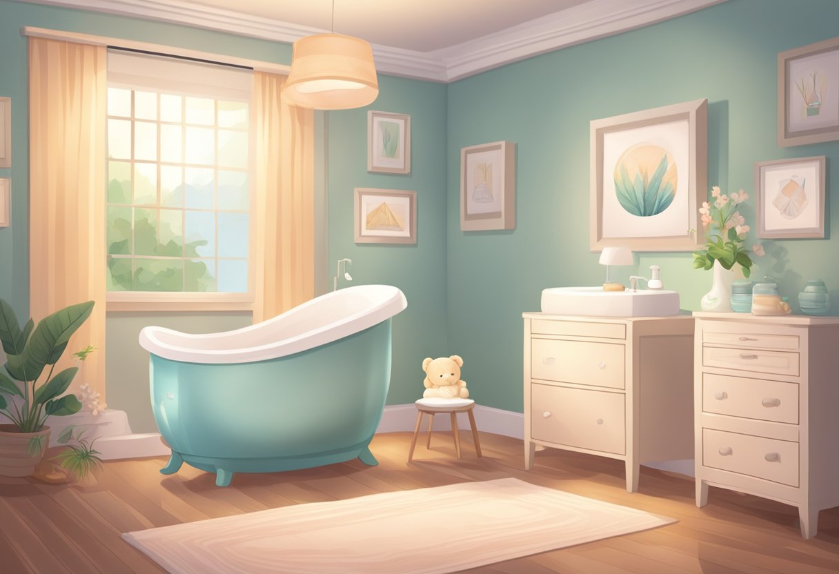 A serene birthing room with a comfortable birthing tub, soft lighting, and soothing music playing in the background