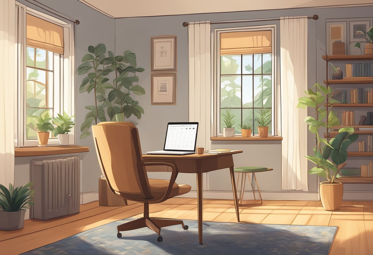 A serene, sunlit room with a cozy armchair, bookshelf, and a desk with a laptop and notepad. A calendar on the wall marks important dates