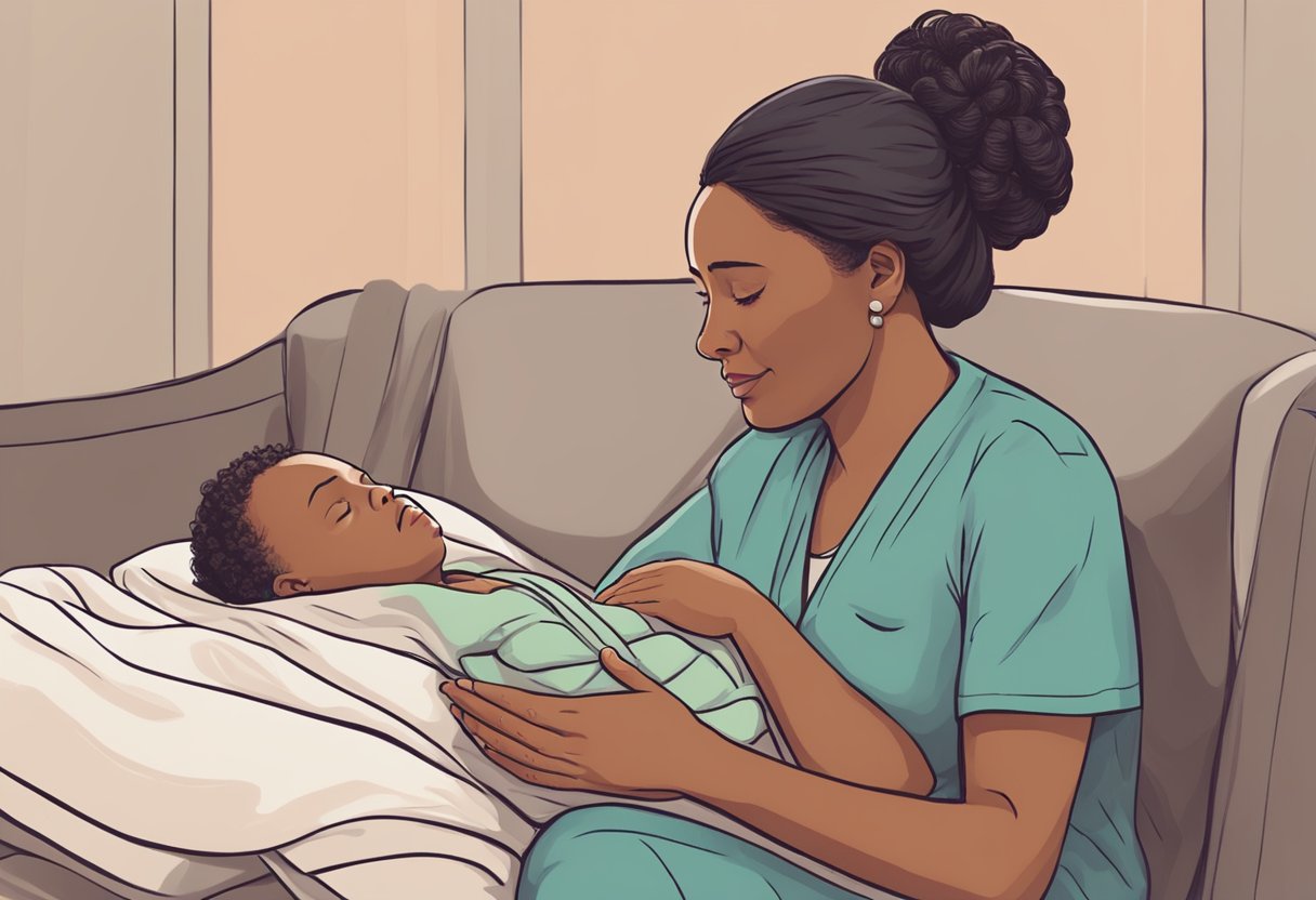 A doula comforting a new parent during labor, providing emotional support and guidance