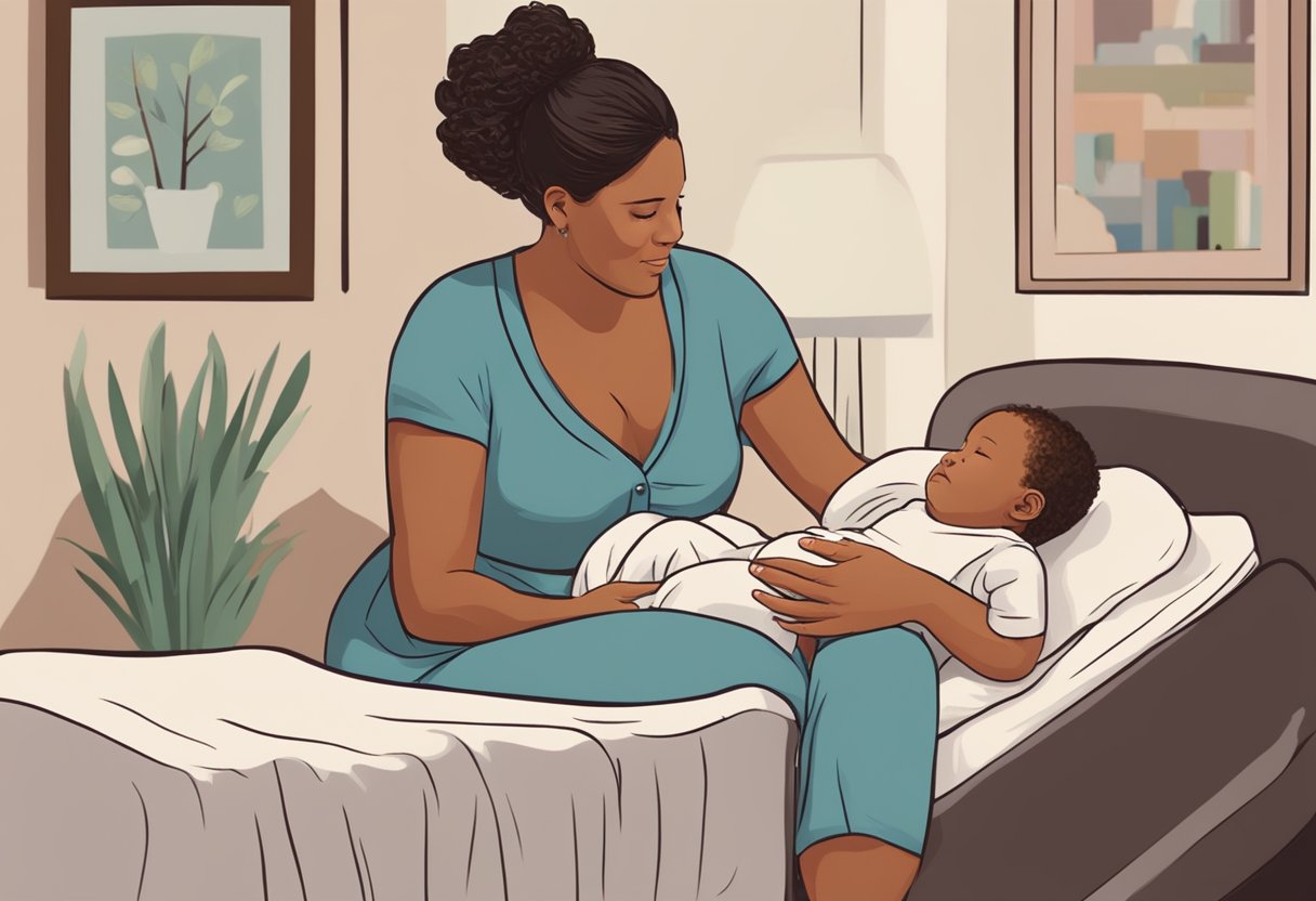 A doula supporting a new parent through labor, providing comfort and guidance