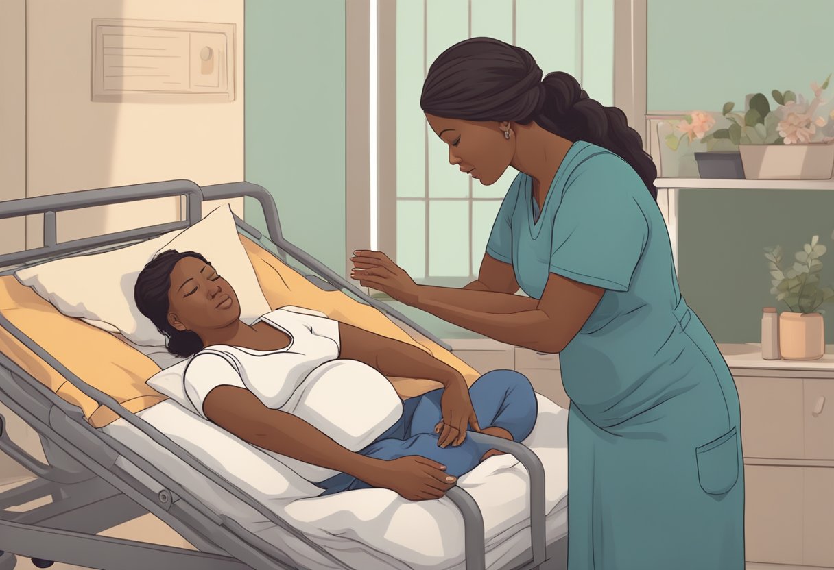 A doula comforting a laboring mother, offering support and guidance during delivery