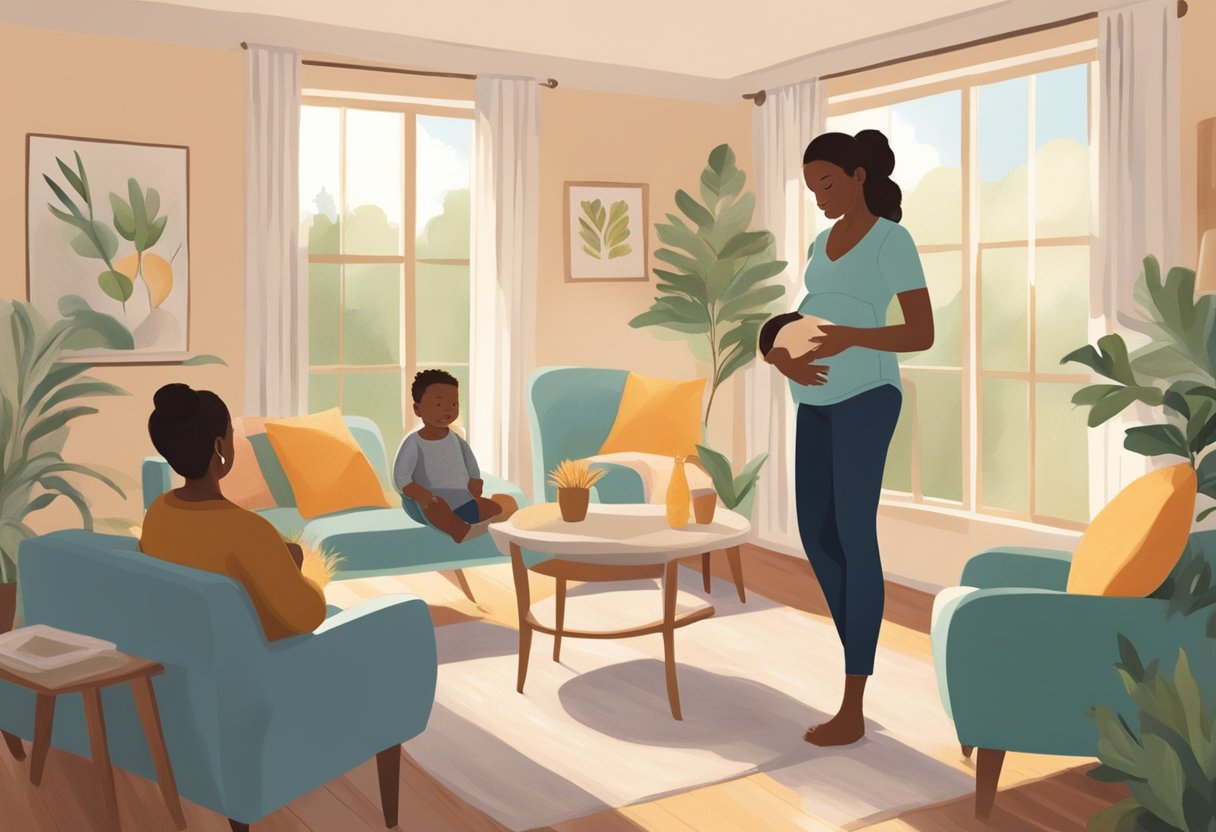 A doula supports new parents in a cozy, sunlit room, offering guidance and comfort while surrounded by soothing colors and natural elements