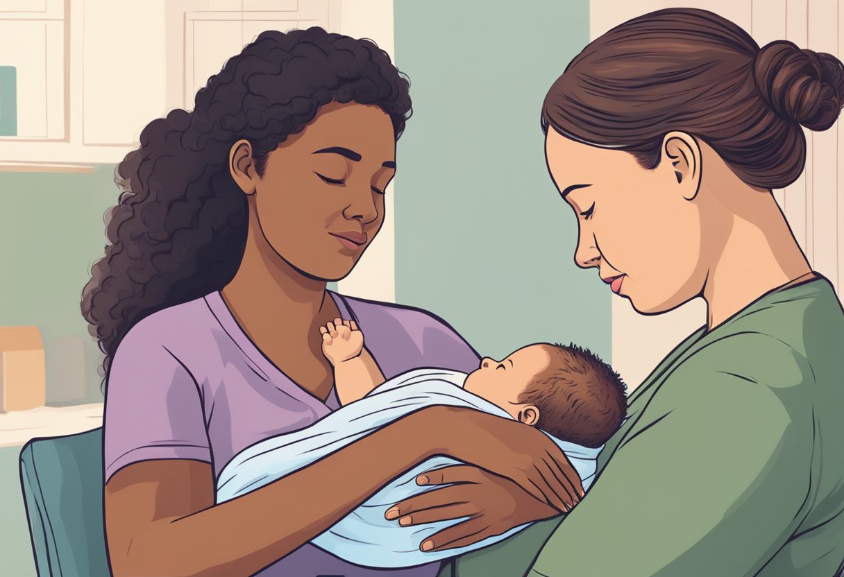 A doula calmly supports a new parent during labor, offering comfort and guidance