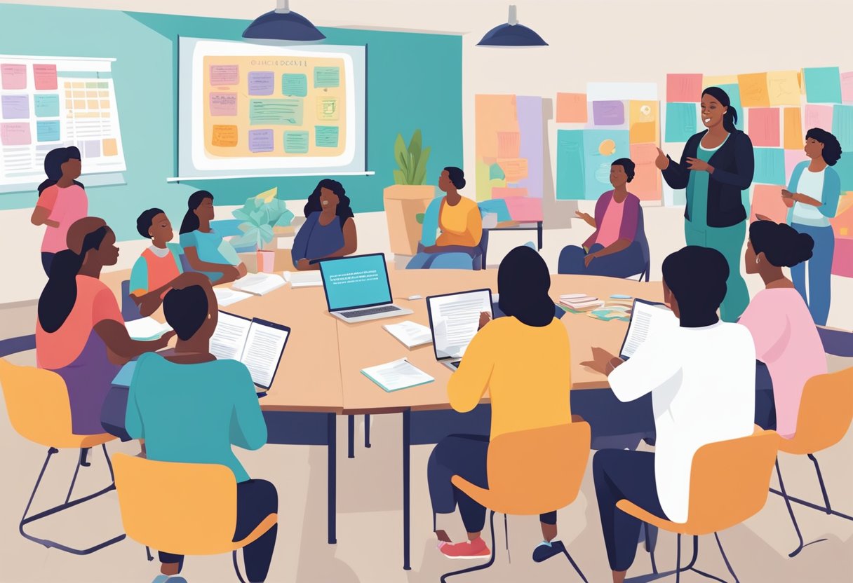 A group of diverse individuals gather in a classroom, surrounded by colorful posters and educational materials about doula training programs. The instructor stands at the front, engaging the students in discussion