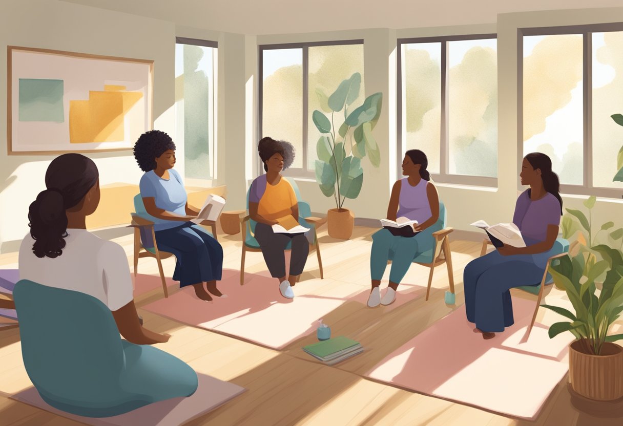 A serene, sunlit room with comfortable seating and educational materials. A group of aspiring doulas engage in training activities and discussions led by experienced instructors