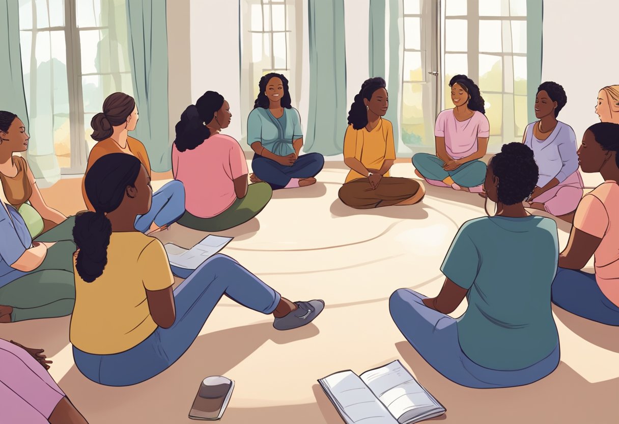 A group of aspiring doulas sit in a circle, listening intently to an instructor as they learn about the various aspects of doula training programs. The room is filled with excitement and anticipation for the journey ahead