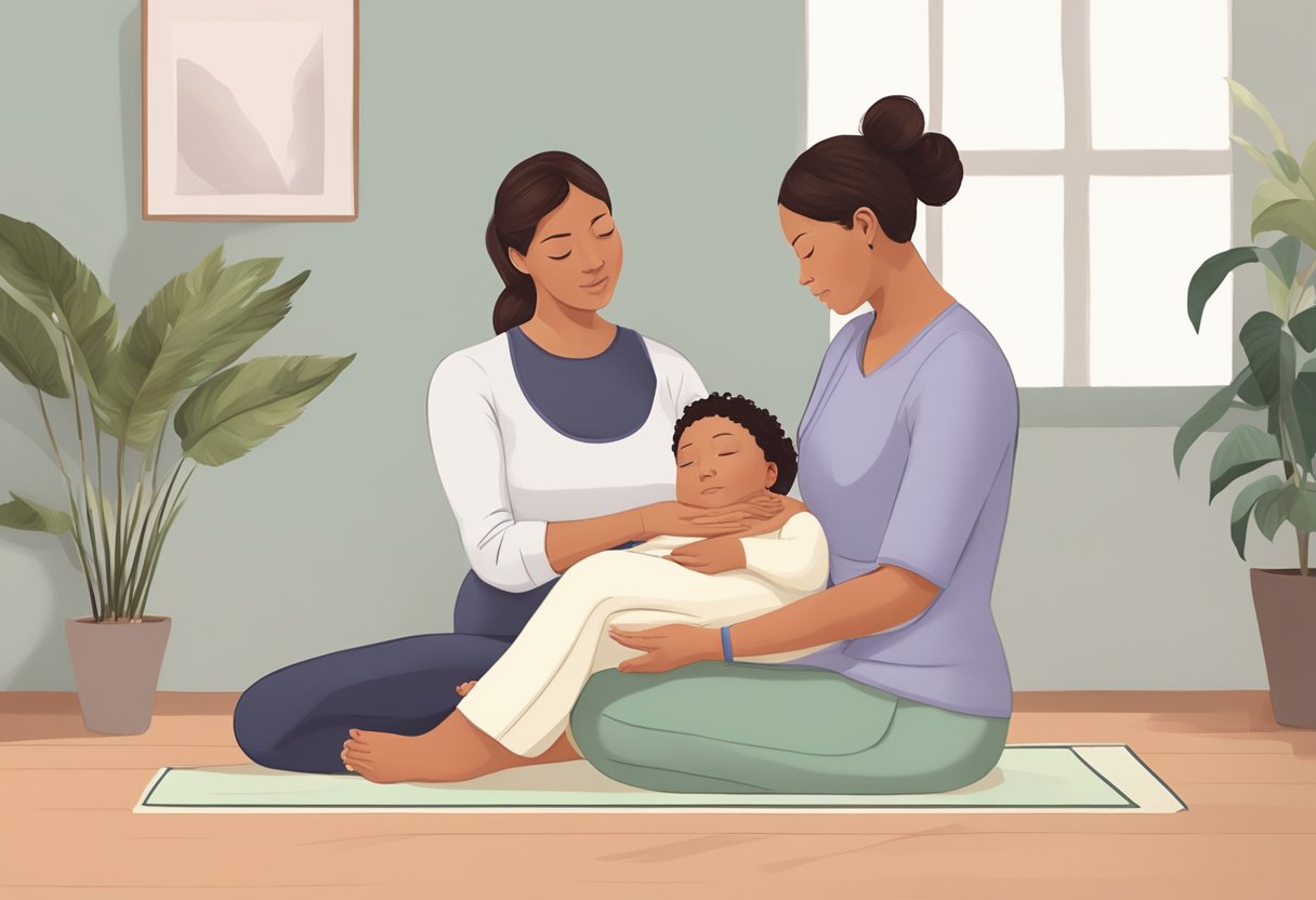 A doula calmly guides a laboring person through breathing exercises, providing comfort and support in a peaceful birthing environment