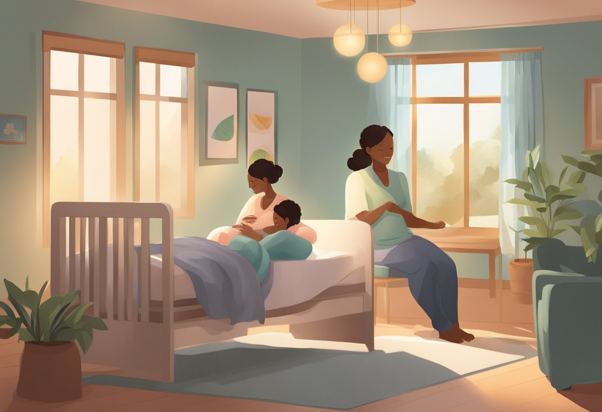 A serene birthing room with a doula comforting a laboring woman, providing support and reassurance. Soft lighting and calming music create a peaceful atmosphere