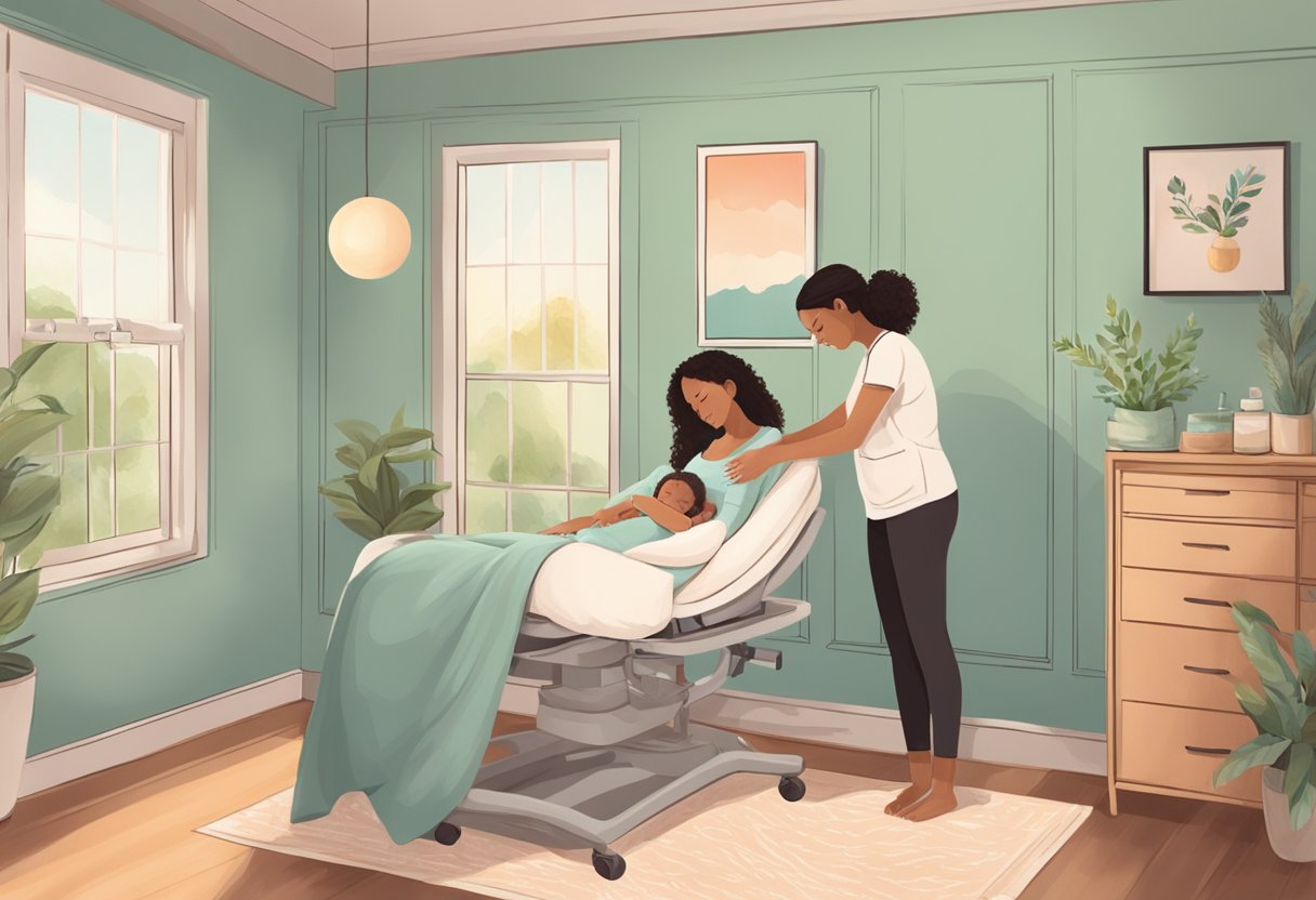 A serene birthing room with a doula providing emotional support to a laboring mother, creating a calm and comforting atmosphere