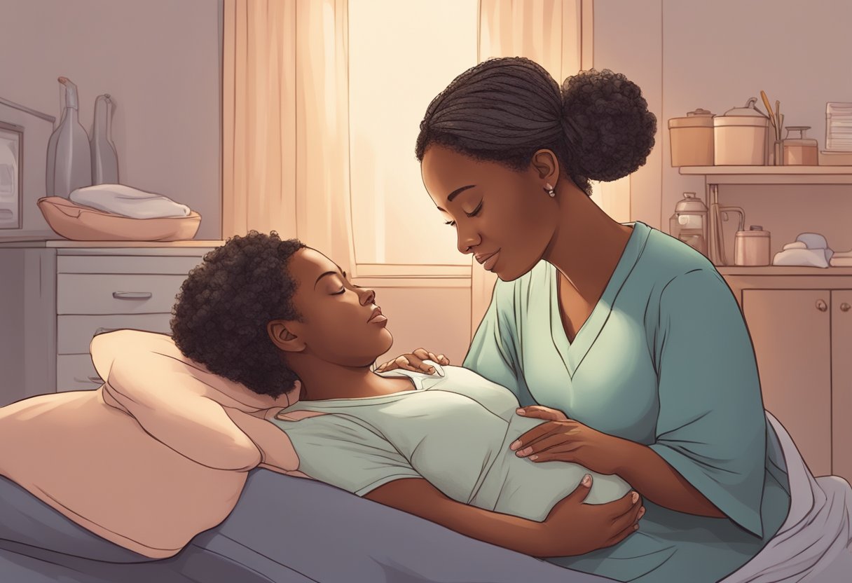 A doula comforting a laboring woman with soothing touch and encouraging words, creating a calming and supportive atmosphere in the birthing room