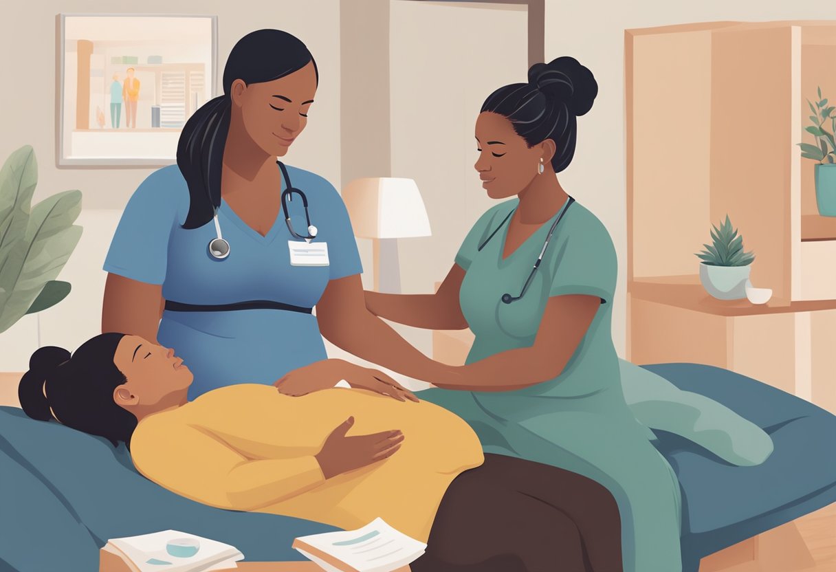 A doula supports a pregnant person during a medical appointment, offering emotional and informational support. The doula helps navigate the complex health system and addresses disparities, reducing stress during the birth process