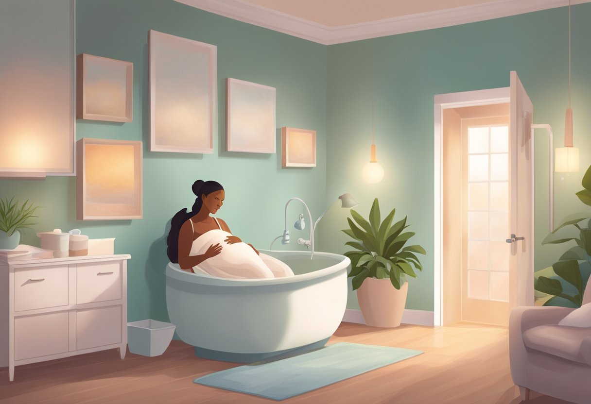 A serene birthing room with soft lighting, a comfortable birthing tub, and a supportive doula providing emotional and physical assistance to the laboring mother