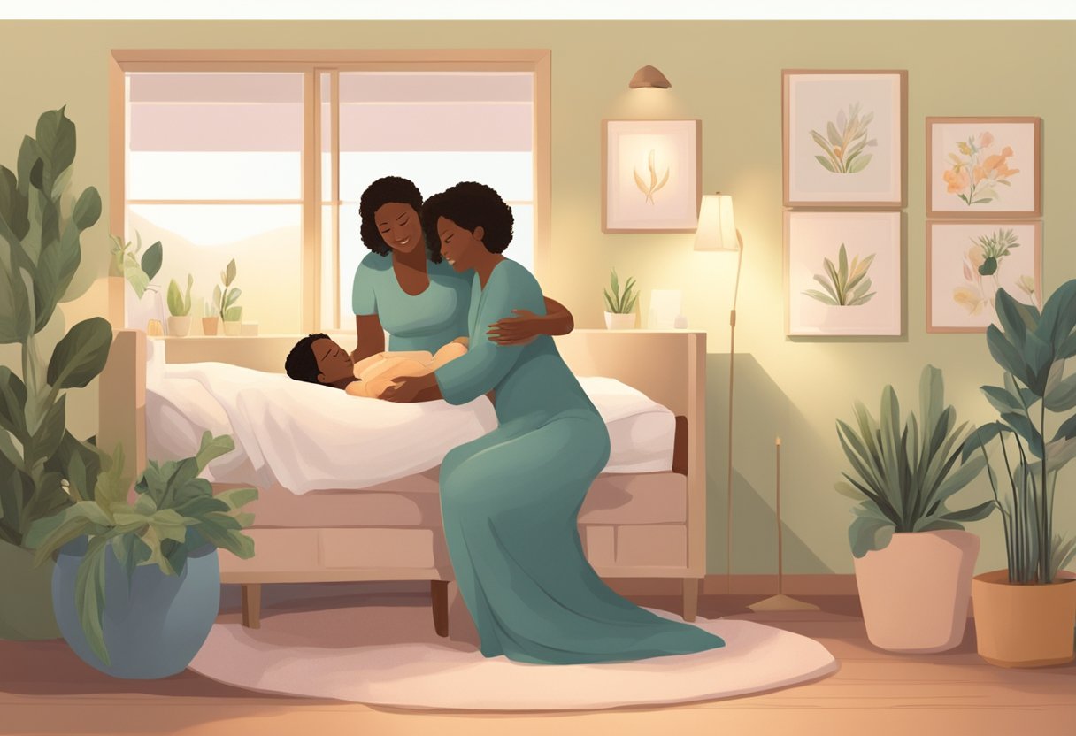 A serene birthing room with a doula providing emotional and physical support to a laboring mother, surrounded by calming essential oils and soft lighting