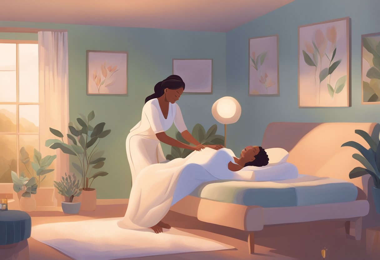 A serene birthing room with a doula providing comforting support to a laboring mother, surrounded by calming essential oils and soft lighting