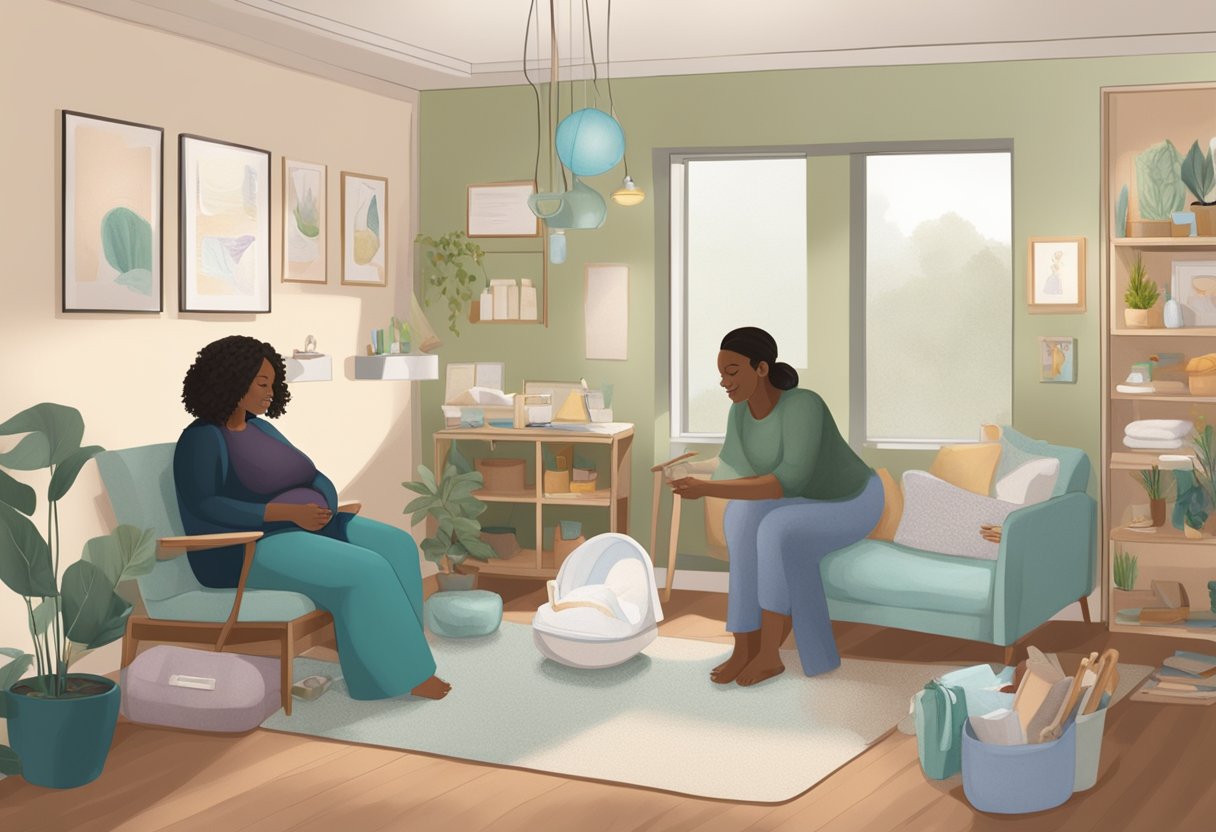 A birthing room with a doula providing support, surrounded by accessible tools and resources for advocacy