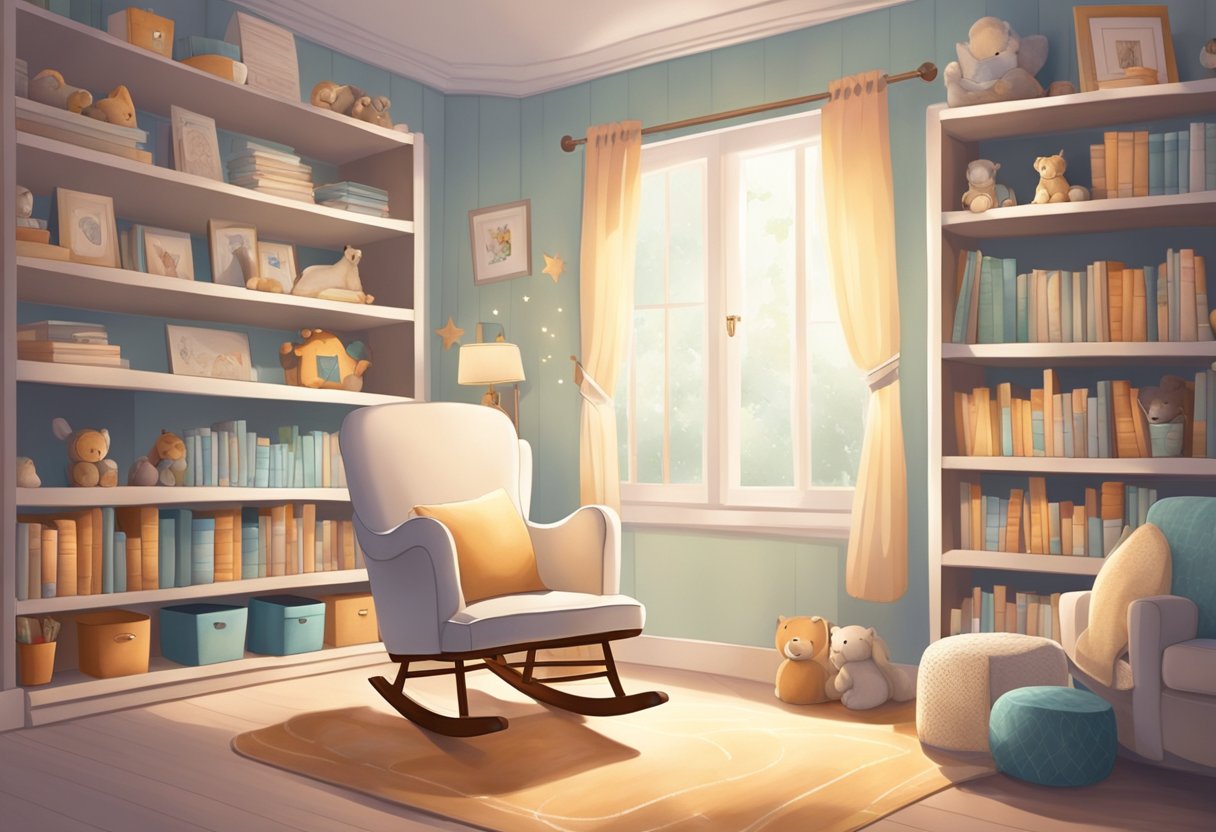 A peaceful, cozy nursery with soft lighting and a comfortable rocking chair, surrounded by shelves of books and soothing artwork