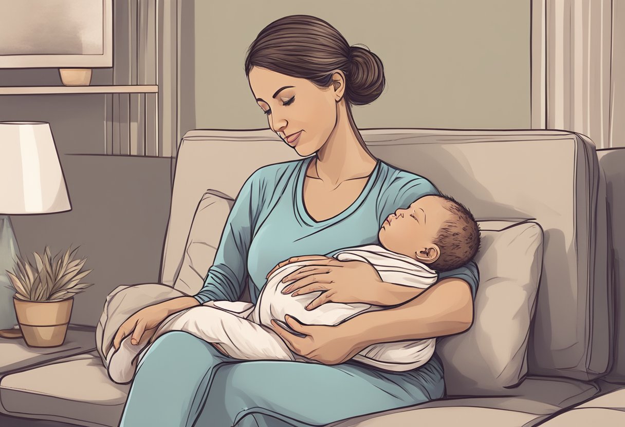 A postpartum doula sitting with a new mother, offering support and guidance while holding a newborn baby