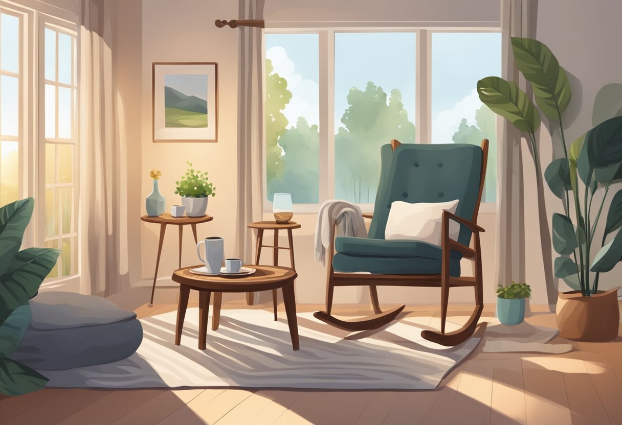 A cozy living room with a comfortable rocking chair, soft blankets, and a small table with a warm beverage. A peaceful and nurturing atmosphere