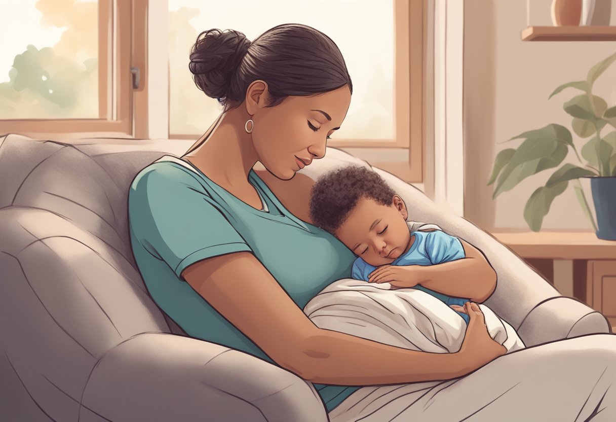 A postpartum doula comforting a new mother, offering support and guidance in a cozy, nurturing environment