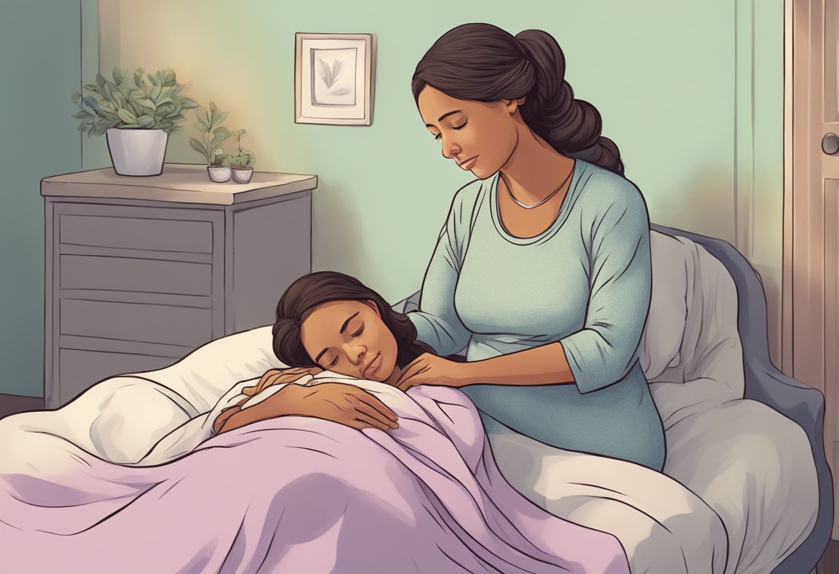 A doula comforting a laboring person, offering support and guidance during childbirth