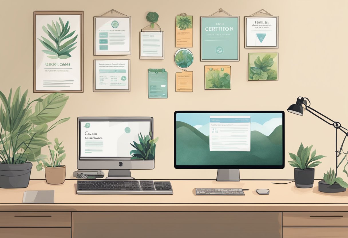 A cozy office with a desk, computer, and phone. A bulletin board displays doula certification info. Plants and calming decor create a welcoming atmosphere