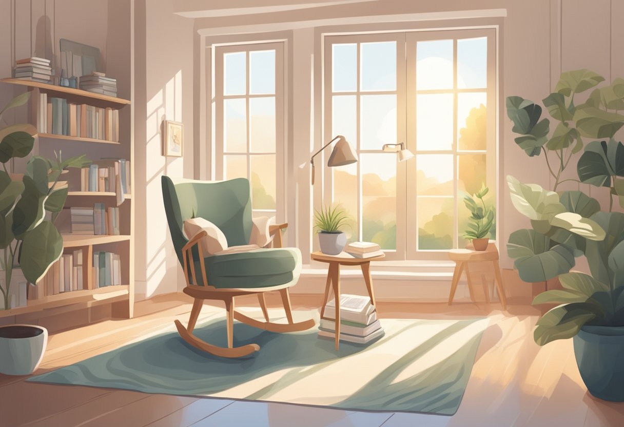 A serene, sunlit room with a cozy armchair and a table filled with books and resources on birth support. A calming atmosphere with soft colors and natural elements