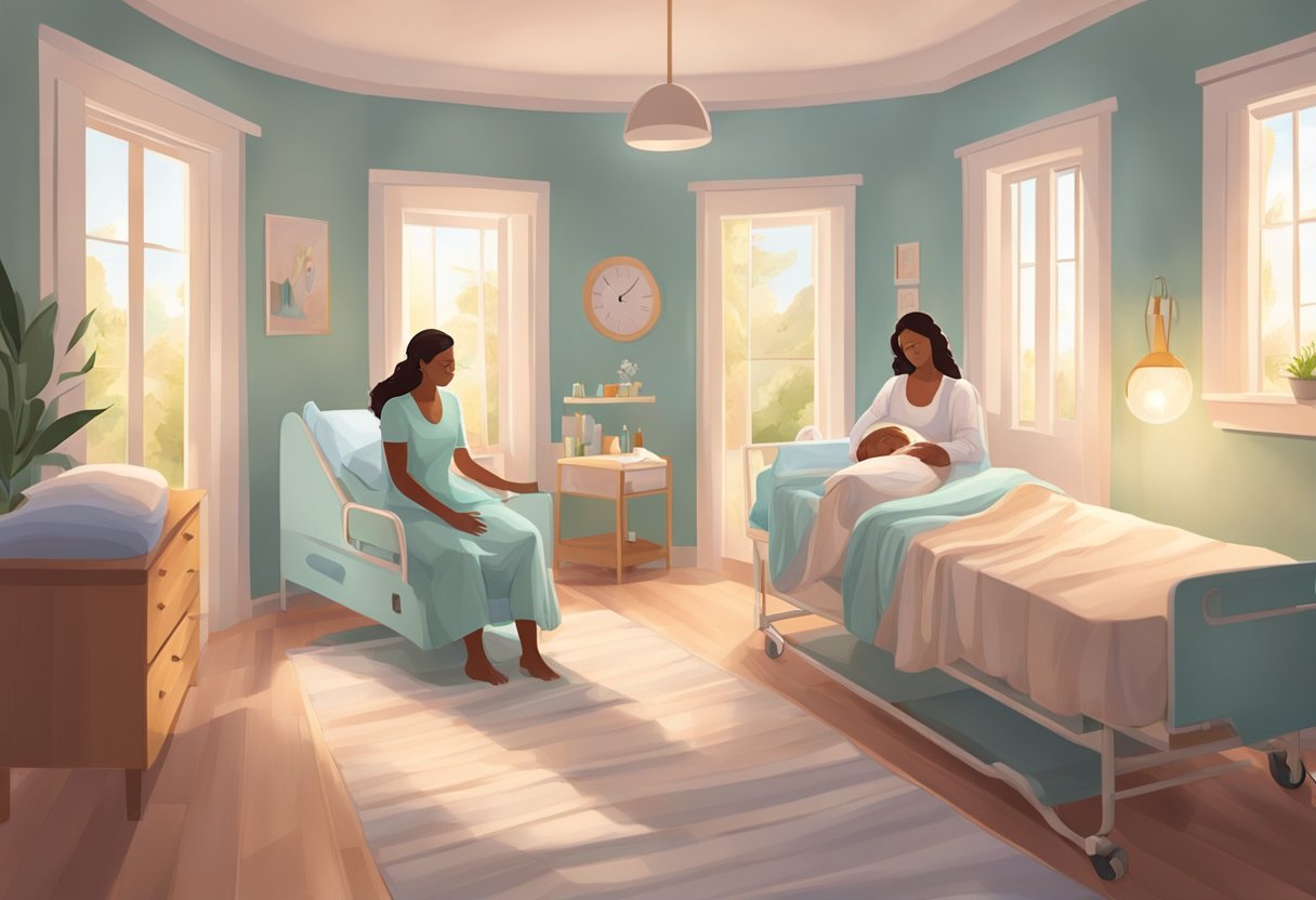 A serene birthing room with soft lighting, a comfortable birthing bed, and a supportive doula providing emotional and physical support to a laboring mother