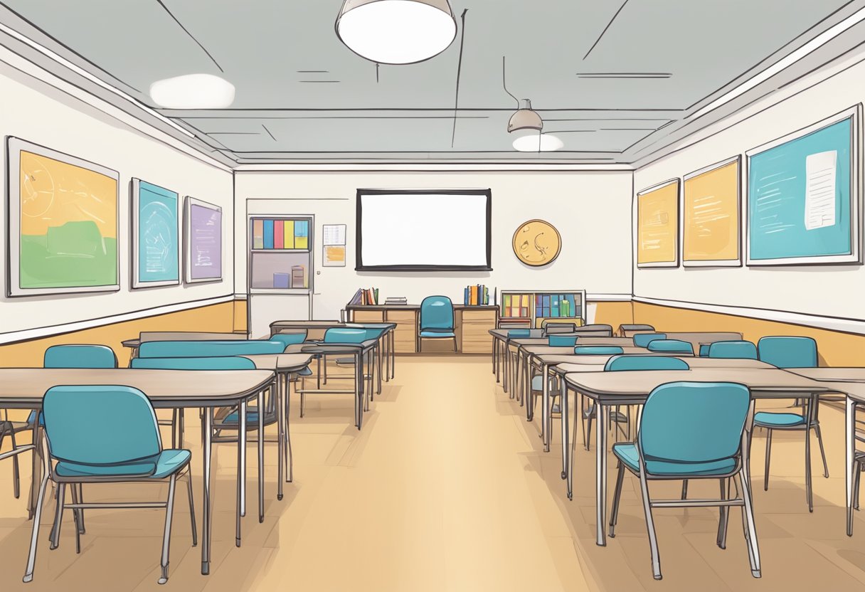 A cozy classroom with a circle of chairs, a whiteboard, and posters of childbirth positions on the walls. A table at the front holds materials for hands-on training